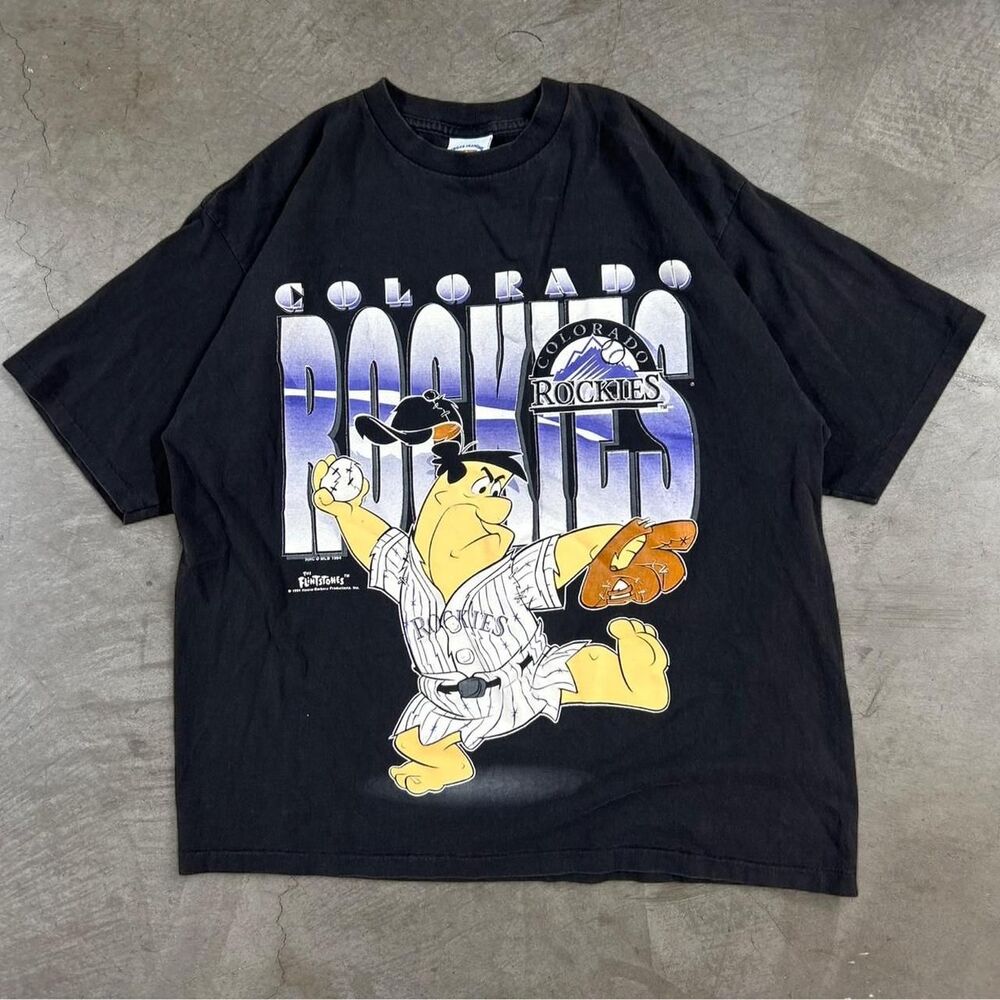 Vintage 90s Colorado Rockies baseball tee with cartoon Flintstones baseball